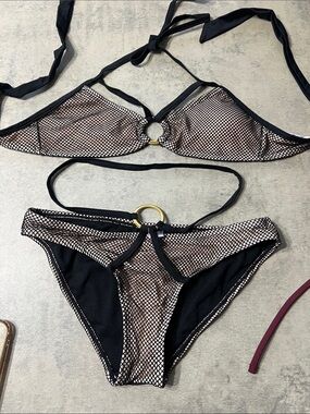 Black Mesh Overlay Bikini Set with Gold Ring Accent